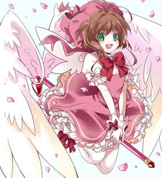  :d bow brown_hair cardcaptor_sakura commentary_request dress female full_body fuuin_no_tsue gloves green_eyes hat kinomoto_sakura kinomoto_sakura_(magic_dream_costume) magical_girl open_mouth petals smile solo takoyaki_kenken white_gloves white_legwear wings 