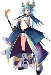  akesaka_iku aqua_hair armor armpits breasts faulds female full_body green_hair hair_ornament headgear holding holding_weapon large_breasts long_hair long_skirt looking_at_viewer midriff miniskirt nagoya_(oshiro_project) navel official_art oshiro_project:re pauldrons platform_footwear pleated_skirt purple_eyes sandals shachihoko shoulder_armor showgirl_skirt sideboob skirt socks solo staff transparent_background underboob weapon 