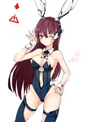  ;) animal_ear_headphones animal_ears artist_name bare_shoulders black_thighhighs blush boots breasts brown_eyes brown_hair cleavage commentary cowboy_shot d.va_(overwatch) detached_collar english_commentary facial_mark fake_animal_ears female groin hand_on_own_hip hand_up headphones highres khibiki large_breasts leotard long_hair looking_at_viewer md5_mismatch midriff navel one_eye_closed overwatch overwatch_1 photoshop_(medium) playboy_bunny rabbit rabbit_ear_headphones rabbit_ears rabbit_tail ribbon simple_background smile solo tail thigh_boots thighhighs whisker_markings white_background wrist_cuffs 