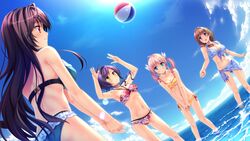  arms_up ball bare_arms bare_legs bare_shoulders beach beachball bikini black_hair blonde_hair blue_eyes blush breasts cleavage game_cg green_bikini happy highres large_breasts legs long_hair looking_up multiple_girls navel ocean open_mouth original outdoors parted_lips pink_hair ponytail purple_eyes purple_hair red_eyes sakura_no_mori_dreamers sarong sideboob sky small_breasts smile standing sun sunlight thighs twintails water yamakaze_ran yellow_bikini yellow_eyes 