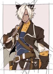  1boy animal_ears belt border commentary dark-skinned_male dark_skin erune eustace_(granblue_fantasy) gloves granblue_fantasy gun hair_intakes hair_over_one_eye holster jacket kaitara_deru male_focus over_shoulder rifle signature solo trim_marks weapon weapon_over_shoulder white_border white_hair 