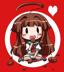  ahoge bauxite blush_stickers brown_hair chibi commentary_request drooling eating female futami_yayoi heart kantai_collection kuma_(kancolle) long_hair open_mouth sitting solo 