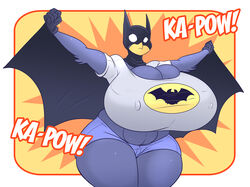  2016 absurd_res anthro avian bat_symbol batman batman_(series) big_breasts bird breasts busty_bird cleavage clothed clothing corvid corvus_(genus) cosplay crow dc_comics female hi_res huge_breasts jaeh musclegut muscular nipple_outline nipples non-mammal_breasts oscine passerine solo thick_thighs wide_hips 