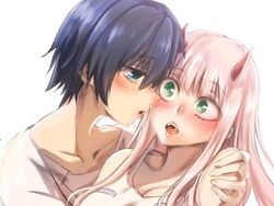  1boy black_hair blue_eyes blush breasts cleavage collarbone commentary couple darling_in_the_franxx fangs female green_eyes hand_on_another&#039;s_shoulder herozu_(xxhrd) hiro_(darling_in_the_franxx) horns imminent_kiss long_hair looking_at_another nightgown oni_horns open_mouth pajamas pink_hair red_horns straight white_nightgown white_pajamas zero_two_(darling_in_the_franxx) 