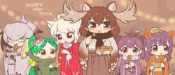  6+girls adapted_costume animal_ear_fluff animal_ears antlers armadillo_ears blonde_hair brown_eyes brown_hair chameleon_tail chibi chopsticks commentary_request crested_porcupine_(kemono_friends) eating extra_ears fingerless_gloves food fried_squid fur_collar giant_armadillo_(kemono_friends) gloves green_hair grey_hair hair_between_eyes happy_new_year head_wings highres horns japanese_clothes kemono_friends kimono kuro_(kurojill) mask mask_on_head moose_(kemono_friends) moose_ears multiple_girls new_year panther_chameleon_(kemono_friends) porcupine_ears purple_hair red_eyes shoebill_(kemono_friends) tail takoyaki tongue tongue_out white_rhinoceros_(kemono_friends) wide_sleeves wings yakisoba yellow_eyes 