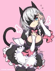  2b_(nier:automata) :o alternate_costume animal_ears apron black_blindfold black_dress black_thighhighs blindfold blindfold_lift blindfold_slip blue_eyes blush breasts cat_ears cat_tail cleavage_cutout clothing_cutout commentary_request dress enmaided female flying_sweatdrops grey_hair hairband hong_(white_spider) kemonomimi_mode large_breasts leaning_forward long_sleeves looking_at_viewer maid maid_apron nier:automata nier_(series) one_eye_covered parted_lips patreon_username pink_background short_hair simple_background solo standing tail thighhighs white_apron wings 