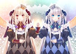  2girls argyle_clothes argyle_dress bad_id bad_pixiv_id blonde_hair blue_bow blue_dress blue_eyes blush bow braid braided_hair_rings brown_dress closed_mouth commentary_request crown dress facial_mark hair_between_eyes hair_rings hairbow holding_hands interlocked_fingers juliet_sleeves levka long_hair long_sleeves looking_at_viewer mini_crown multiple_girls original parted_lips puffy_sleeves quilted_clothes red_bow red_eyes sleeves_past_wrists smile very_long_hair white_hair 