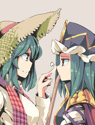  2girls aoi_kujira breasts commentary_request epaulettes expressionless eye_contact face-to-face finger_to_another&#039;s_nose green_hair grey_background hat kazami_yuuka looking_at_another medium_breasts multiple_girls open_clothes open_vest photoshop_(medium) plaid plaid_vest poking poking_nose red_eyes rod_of_remorse shiki_eiki short_hair simple_background smile straw_hat touhou upper_body vest 