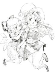  2girls bad_id bad_pixiv_id bow cirno dress graphite_(medium) greyscale grin hairbow hat highres ice ice_wings long_sleeves monochrome moriya_suwako multiple_girls open_mouth oshake shirt skirt skirt_set smile snake touhou traditional_media wide_sleeves wings 