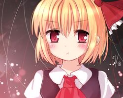  blonde_hair blouse commentary_request female hair_ribbon kuze_matsuri necktie pout red_eyes ribbon rumia shirt short_hair touhou vest 