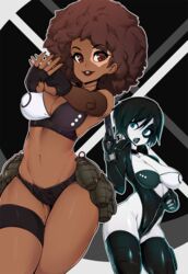  2girls afro black_hair blue_eyes bra breasts brown_eyes brown_hair cleavage clothed clothed_female clothes clothing dark-skinned_female dark_skin deadpool_2 domino_(marvel) domino_(zazie_beetz) female female_only fingerless_gloves gloves grenade gun homo_superior human legwear leotard marvel marvel_comics multiple_girls mutant navel neena_thurman slugbox spandex standing superheroine thick_thighs thigh_strap thighhighs thighs weapon x-force x-men zazie_beetz 