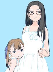  2girls bare_arms bare_shoulders black_hair blue_background blue_eyes blue_ribbon brown-framed_eyewear brown_eyes brown_hair closed_mouth dress glasses hair_ribbon highres hug long_hair looking_at_viewer looking_to_the_side multiple_girls original parted_lips ribbon second-party_source simple_background standing twintails white_dress yoshinari_kou 