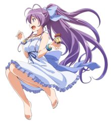  barefoot blue_eyes bracelet dress female food full_body high_ponytail holding jewelry long_hair official_art open_mouth pendant profile pudding purple_hair ryuugajou_nanana ryuugajou_nanana_no_maizoukin solo spaghetti_strap sundress transparent_background very_long_hair 