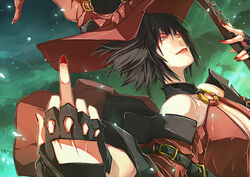  bad_id bad_pixiv_id black_hair blue_eyes breasts cleavage detached_sleeves female fingerless_gloves gloves guilty_gear halterneck hat i-no ian_olympia instrument large_breasts middle_finger nail_polish photoshop_(medium) red_hat short_hair solo witch_hat 