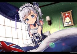  aged_down aono_meri azur_lane bad_id bad_pixiv_id bed blue_dress braid commentary_request drawing_(object) dress elbow_gloves female gloves grey_hair highres indoors letterboxed little_bel_(azur_lane) long_hair maid_headdress open_mouth picture_frame pillow ribbon side_ponytail sitting solo translation_request v_arms window 