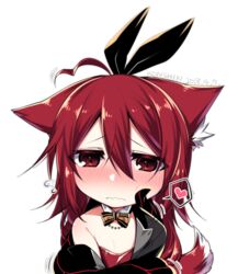  ahoge animal_ears black_bow blush bow bowtie chibi commentary_request dated detached_collar ears_down female flying_sweatdrops fox_ears fox_tail hair_between_eyes hairbow heart konshin looking_at_viewer nose_blush opera_the_vermelho original red_eyes red_hair signature simple_background solo spoken_heart tail white_background 