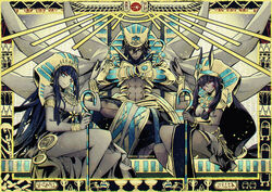  1boy 2girls abs ankai_(rappelzankai) blue_eyes bracelet bracer cleopatra_(fate) commentary dark-skinned_female dark_skin egyptian egyptian_clothes fate/grand_order fate_(series) green_eyes headdress jewelry looking_at_viewer monochrome multiple_girls nitocris_(fate) ozymandias_(fate) parted_lips purple_eyes smile staff throne 