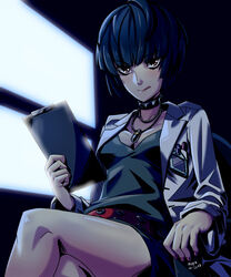  artist_name badge bare_legs belt blue_hair breasts brown_eyes cleavage clipboard collar cowboy_shot female holding jewelry labcoat licking_lips long_sleeves looking_at_viewer medium_breasts mikk nail_polish necklace persona persona_5 short_hair sitting solo spiked_collar takemi_tae thighs tongue 