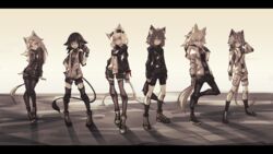  6+girls absurdres animal_ears belt black_hair black_legwear blue_eyes boots cat_ears cat_tail commentary_request contrapposto deel_(rkeg) fingerless_gloves fox_ears fox_tail full_body gloves goggles green_eyes grey_hair hand_in_own_hair highres jacket kneehighs leg_up letterboxed lion_tail lisa_(deel) long_hair looking_at_viewer multiple_girls oerba_yun_fang open_mouth original pantyhose pink_eyes purple_eyes ramn red_eyes short_hair short_shorts shorts smile socks standing tail thighhighs white_hair yellow_eyes 