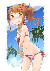  ass_visible_through_thighs bikini blush breasts brown_eyes brown_hair commentary_request cosplay dated eromanga_sensei errant female front-tie_top jinno_megumi looking_at_viewer navel outdoors palm_tree pink_bikini ponytail short_ponytail side-tie_bikini_bottom signature small_breasts solo striped_bikini striped_clothes swimsuit tree wavy_mouth yamada_elf yamada_elf_(cosplay) 