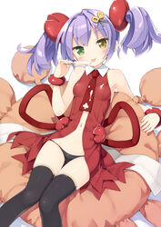  :p bare_shoulders black_panties black_thighhighs blush bracelet breasts brown_eyes commentary_request female food green_eyes hair_ornament heterochromia jewelry kani_biimu kanimusume_(kani_biimu) messy navel necktie original panties popsicle purple_hair red_necktie scissors sitting sleeveless small_breasts smile solo thighhighs tongue tongue_out twintails underwear 