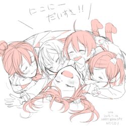  1boy 4girls ^_^ ^o^ affectionate ahoge artist_name bad_id bad_twitter_id blush bow character_name clenched_teeth closed_eyes electric_flower family grin group_hug hair_bun hair_ribbon hairbow happy happy_birthday hug long_sleeves love_live! love_live!_school_idol_project multiple_girls ribbon simple_background single_hair_bun smile teeth twintails white_background yazawa_cocoa yazawa_cocoro yazawa_cotaro yazawa_nico yazawa_nico&#039;s_mother 