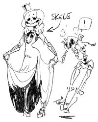  animated_skeleton anterior_nasal_aperture black_and_white bone clothing crown dress exclamation_point eyelashes female footwear hair headgear hi_res high_heels humanoid male monochrome not_furry princess royalty shoes simple_background skeleton skeleton_princess smile soup-erb speech_bubble towergirls undead 