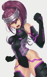  bad_id bad_pixiv_id bare_shoulders black_gloves breasts clenched_hands commentary_request cowboy_shot elbow_gloves facial_mark female gloves grey_background headgear highleg highleg_leotard highres hip_focus ibuki_imina leotard long_hair looking_at_viewer medium_breasts open_mouth ponytail purple_hair school_girl_strikers shigatsugata solo thighhighs yellow_eyes 