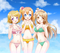  3girls bikini blue_eyes breasts brown_eyes brown_hair cleavage commentary_request day frilled_bikini frills green_bikini koizumi_hanayo kosaka_honoka long_hair love_live! love_live!_school_idol_project medium_breasts minami_kotori multiple_girls navel one_side_up open_mouth orange_hair outdoors printemps_(love_live!) pure_girls_project purple_eyes sakura_chidori shiny_skin short_hair striped_bikini striped_clothes swimsuit thigh_gap 