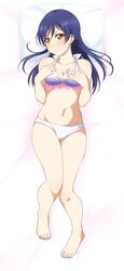  barefoot bikini blue_hair breasts cleavage commentary_request dakimakura_(medium) embarrassed female frilled_bikini frills full_body highres long_hair love_live! love_live!_school_idol_project lying medium_breasts navel solo sonoda_umi swimsuit turkey_min white_bikini yellow_eyes 