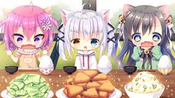  bicolored_eyes black_hair catgirl chibi food game_cg green_eyes koneko_neko_neko long_hair nekohata_miyabi nekokawa_shirone nekoya_kohina noda_shuha purple_eyes skyfish tagme_(artist) white_hair 