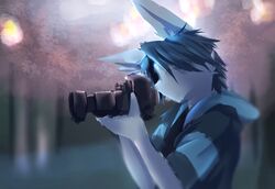  2017 anthro blurred_background camera clothed clothing depth_of_field digital_media_(artwork) euca_(repeat) fur grey_body grey_fur hair half-length_portrait hi_res holding_camera holding_object hoodie long_ears looking_away male mammal photography portrait repeat_(visual_novel) shirokoi short_hair side_view solo speedpaint topwear 