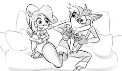  4_fingers 4_toes activision anthro bandicoot barefoot black_nose bottomwear brother_(lore) brother_and_sister_(lore) clothed clothing coco_bandicoot crash_(series) crash_bandicoot eyebrows eyelashes feet female fingerless_gloves fingers footwear gaming gloves hair handwear long_hair mammal mario-grant marsupial monochrome navel overalls pants playing_video_game ponytail shoes sibling_(lore) sister_(lore) toes tongue tongue_out 