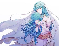  bare_shoulders blue_hair bouquet bridal_veil bride cape chanene commentary_request dress female fire_emblem fire_emblem:_the_blazing_blade fire_emblem_heroes flower hair_ornament highres long_hair looking_at_viewer ninian_(bridal)_(fire_emblem) ninian_(fire_emblem) red_eyes smile solo strapless strapless_dress veil wedding_dress white_dress 