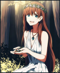  aqua_eyes bare_shoulders brown_hair commentary_request cupping_hands dress female head_wreath highres jewelry long_hair looking_at_viewer magatama matsuki_(mikipingpong) nature necklace open_mouth original outdoors own_hands_together pendant sleeveless smile solo sundress tree very_long_hair white_dress 