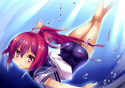  air_bubble ass blush bubble commentary_request diving female hair_ornament hair_ribbon i-168_(kancolle) kantai_collection long_hair one-piece_swimsuit ponytail red_eyes red_hair ribbon school_swimsuit school_uniform serafuku solo swimsuit swimsuit_under_clothes underwater yuu_sagi 