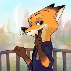  1:1 2018 anthro badge canid canine cigarette clothed clothing disney fox fur green_eyes hi_res male mammal mitsuharu necktie nick_wilde red_fox rolled-up_sleeves rolled_up_sleeves simple_background smoking solo true_fox uniform zootopia 