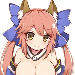  animal_ears bare_shoulders blush breasts cleavage commentary_request detached_sleeves fate/extra fate_(series) female fox_ears highres japanese_clothes koga_rejini large_breasts long_hair looking_at_viewer pink_hair simple_background smile solo tamamo_(fate) tamamo_no_mae_(fate/extra) white_background yellow_eyes 