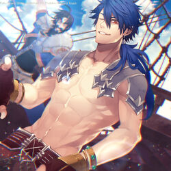  2boys abs armor beard black_facial_hair black_hair blue_hair bracelet character_name collarbone commentary_request copyright_name cosplay costume_switch cu_chulainn_(fate) cu_chulainn_(fate/prototype) cu_chulainn_(fate/prototype)_(cosplay) dark_blue_hair earrings edward_teach_(fate) edward_teach_(fate)_(cosplay) facial_hair fate/grand_order fate/prototype fate_(series) fingerless_gloves fur_trim gloves grin jewelry long_hair looking_at_viewer male_focus manly moustache multiple_boys neck one_eye_closed ponytail red_eyes smile topless_male yu_(8dgc4mfc) 