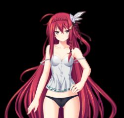  bare_shoulders black_background black_eyes braid breasts cleavage collarbone eushully female flower game_cg hair_flower hair_ornament hand_on_hip highres kami_no_rhapsody lavirie_interude legs long_hair looking_at_viewer mitsuki panties red_hair serious simple_background small_breasts solo standing thighs underwear yakuri 