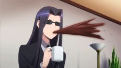  animated animated black_hair business_suit coffee cup female glasses long_hair monster_musume_no_iru_nichijou ms._smith solo standing 