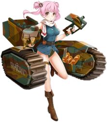  baguette belt bread breasts brown_eyes brown_footwear cannon caterpillar_tracks char_b1 char_b1_(panzer_waltz) female food full_body hair_ornament large_breasts mecha_musume military military_vehicle motor_vehicle official_art panzer_waltz pink_hair scarf solo tank transparent_background turret twintails 