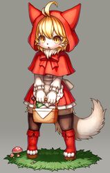  ahoge animal_nose basket black_legwear blonde_hair blush body_fur claws commentary_request female fewer_digits full_body furrification furry furry_female grass hair_between_eyes highres little_red_riding_hood little_red_riding_hood_(grimm) looking_at_viewer mushroom oerba_yun_fang solo standing tail tsuji white_fur wolf_girl wolf_tail yellow_eyes 