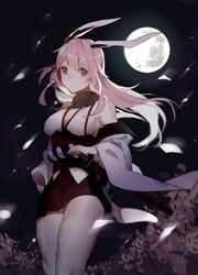  absurdres animal_ears bare_shoulders blue_eyes breasts commentary_request detached_sleeves female fox_ears full_moon hair_between_eyes highres honkai_(series) honkai_impact_3rd japanese_clothes juine long_hair looking_at_viewer medium_breasts moon night obi pink_hair sash scarf sheath sheathed sideboob solo sword thighhighs very_long_hair weapon white_thighhighs yae_sakura yae_sakura_(gyakushinn_miko) zettai_ryouiki 