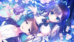  black_hair blush brown_hair flowers game_cg green_eyes hinata_haruta koneko_neko_neko long_hair nekohata_miyabi petals ribbons skyfish tagme_(artist) 