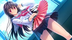  :) black_hair blue_skirt blush breasts eyebrows eyebrows_visible_through_hair floating_hair folding_fan game_cg happy highres holding indoors legs long_hair long_sleeves looking_at_viewer original red_eyes sakura_no_mori_dreamers school_uniform skirt smile solo standing thighs wind window yamakaze_ran 