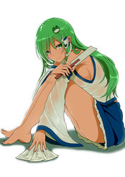  blue_skirt breasts collared_shirt commentary_request detached_sleeves female frog_hair_ornament gohei green_eyes green_hair hair_ornament hair_tubes juliet_sleeves kochiya_sanae long_hair long_sleeves medium_breasts nontraditional_miko ofuda opanchu_(hakusen) puffy_sleeves shirt skirt sleeveless sleeveless_shirt smile snake_hair_ornament solo touhou white_background white_shirt wide_sleeves 