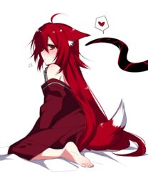  ^^^ ahoge animal_ears barefoot blush closed_mouth commentary_request dated ears_down feet female fox_ears fox_tail from_behind full_body hair_between_eyes heart konshin long_hair looking_at_viewer looking_back off_shoulder opera_the_vermelho original profile red_eyes red_hair red_tail signature simple_background sitting soles solo spoken_heart sweatdrop tail very_long_hair wariza white_background 