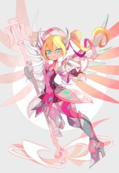  amakusa_(hidorozoa) armored_boots black_dress blonde_hair blue_eyes boots closed_mouth dress female fingerless_gloves floating gloves hair_between_eyes heart high_heel_boots high_heels holding horns long_hair looking_at_viewer mercy_(overwatch) overwatch overwatch_1 pink_mercy pleated_dress short_dress smile solo staff standing standing_on_one_leg twintails 