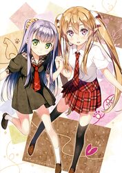  2girls :d absurdres black_dress black_legwear blue_hair blush brown_hair contemporary dress dress_shirt elf green_eyes hair_ribbon highres holding_hands interlocked_fingers kantoku loafers long_hair multiple_girls myucel_foalan necktie one_side_up open_mouth outbreak_company petralka_anne_eldant_iii plaid plaid_necktie plaid_skirt pleated_skirt pointy_ears purple_eyes ribbon sailor_dress school_uniform scrunchie shirt shoes skirt smile socks striped_clothes striped_scrunchie thighhighs twintails very_long_hair white_legwear 